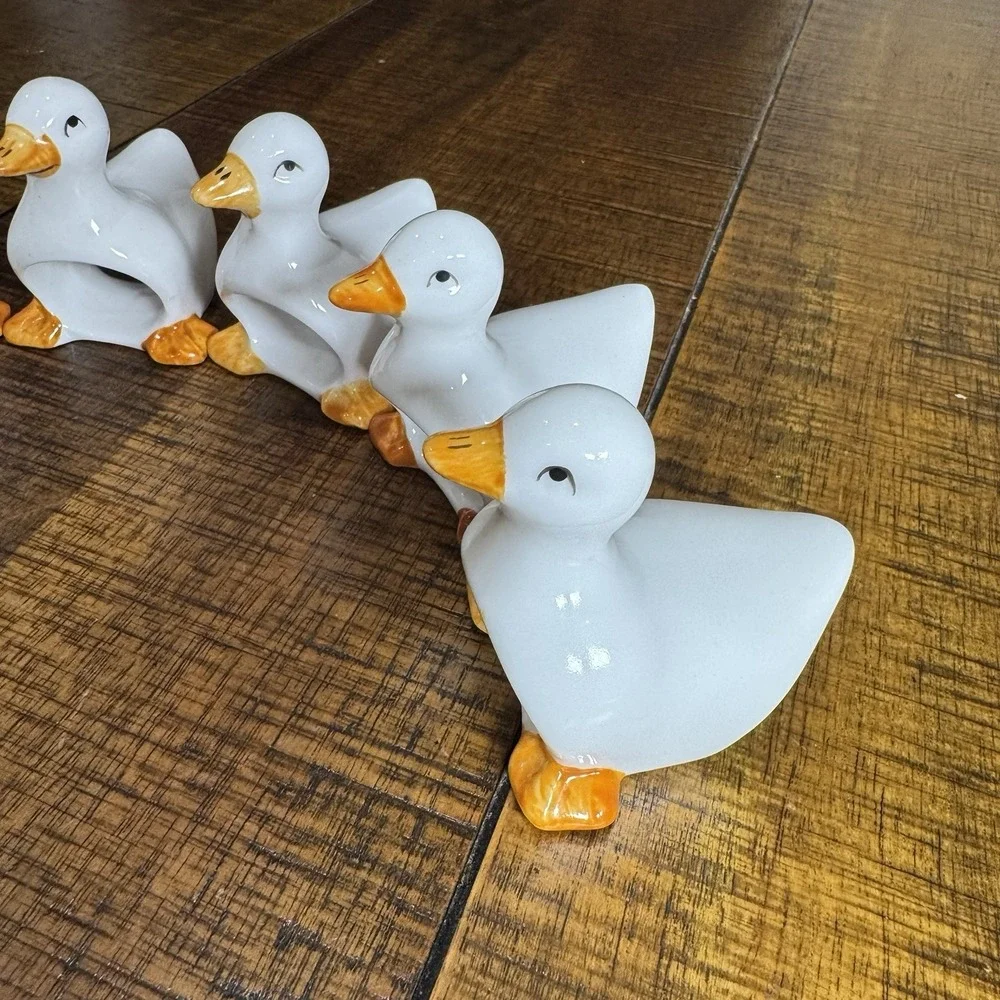 Vtg Ceramic White Duck Goose Napkin Rings Set of 6 Farmhouse Country Kitchen Lot